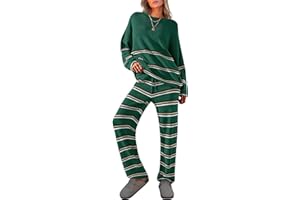 Caracilia Women's 2 Piece Outfits Sweater Sets Striped Oversized Sweaters Knit Wide Leg Pant Lounge Set 2024 Fall Outfits
