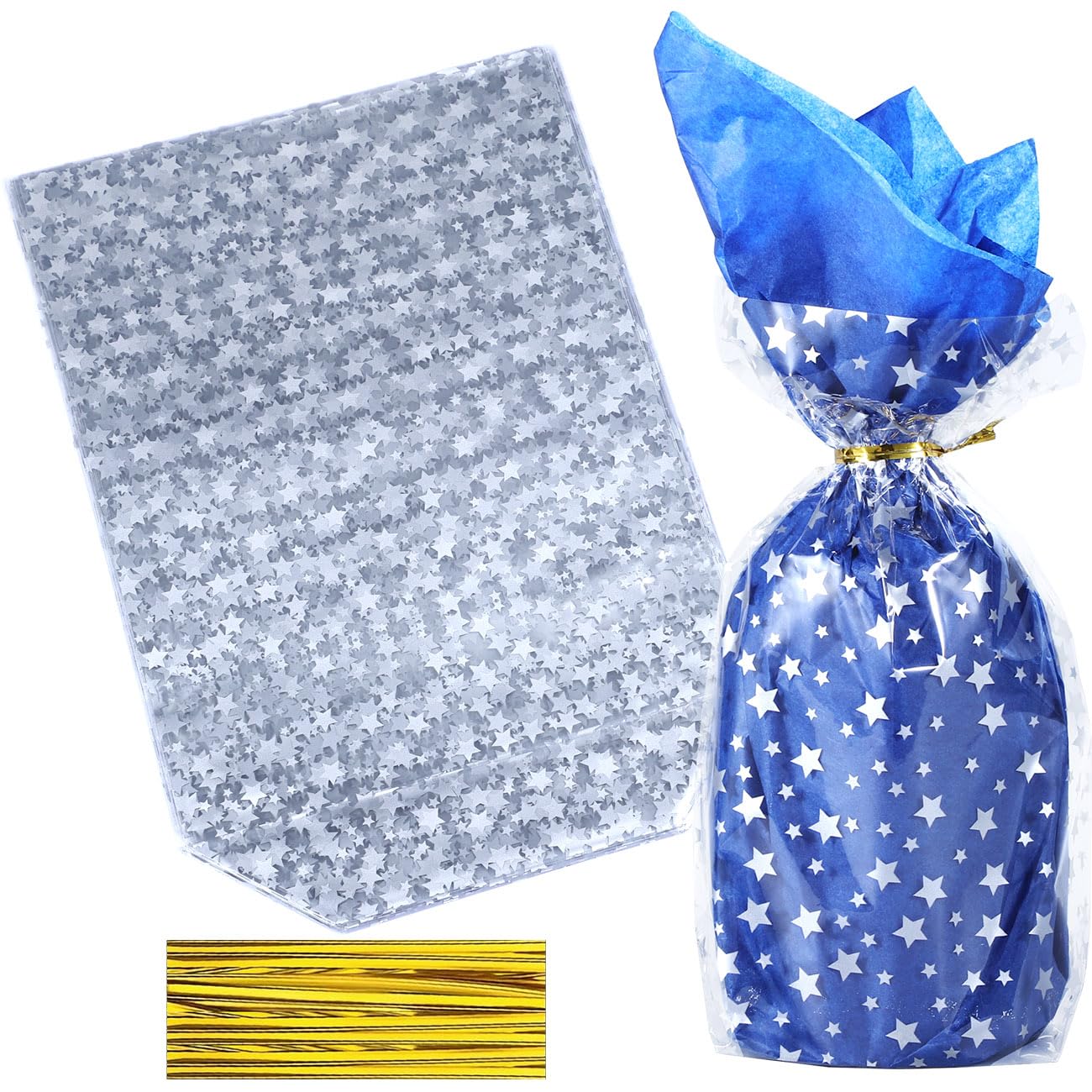 Photo 1 of *MISSING PARTS*
ZIMCEMS 50Pcs 12X16 inch Bottom Gusset Bags Silver Star Printed Clear Cellophane Gift Wrap Bags Basket Wrapping Large Cello Bags for Treats Mug with 5" Twist Ties