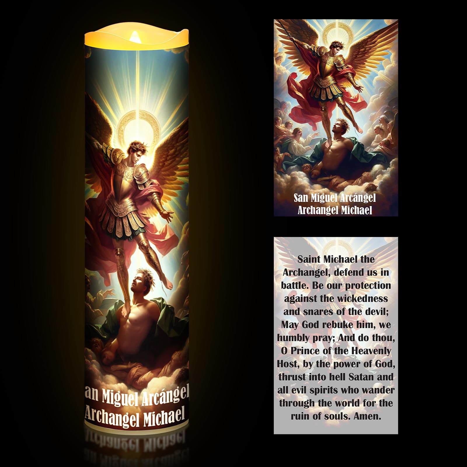 Photo 1 of Glooglitter 2 Pcs Catholic Prayer Candle and Card Set 8" LED Flameless Prayer Candle Devotional Religious Card Decoration Gifts for Easter Passover Halloween Christmas Activities(St. Micheal)