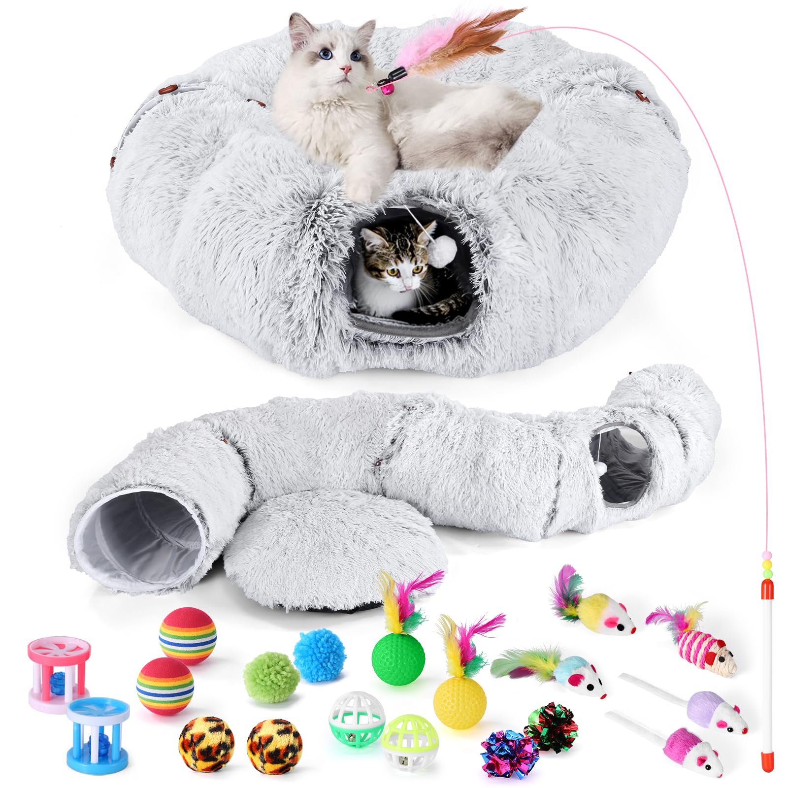 Odoland Large Cat Tunnel with Plush Bed, Multifunctional Foldable Cat Donut Tunnel Bed for Indoor with Ball & Peek Holes, Interactive Toys for Cats Kitten Puppy Rabbits Play Tunnel Tube - Grey