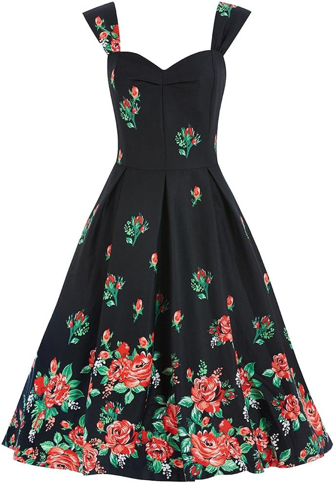 FavorGrace Roses Pattern Sleeveless Retro Vintage Floral Swing Dresses