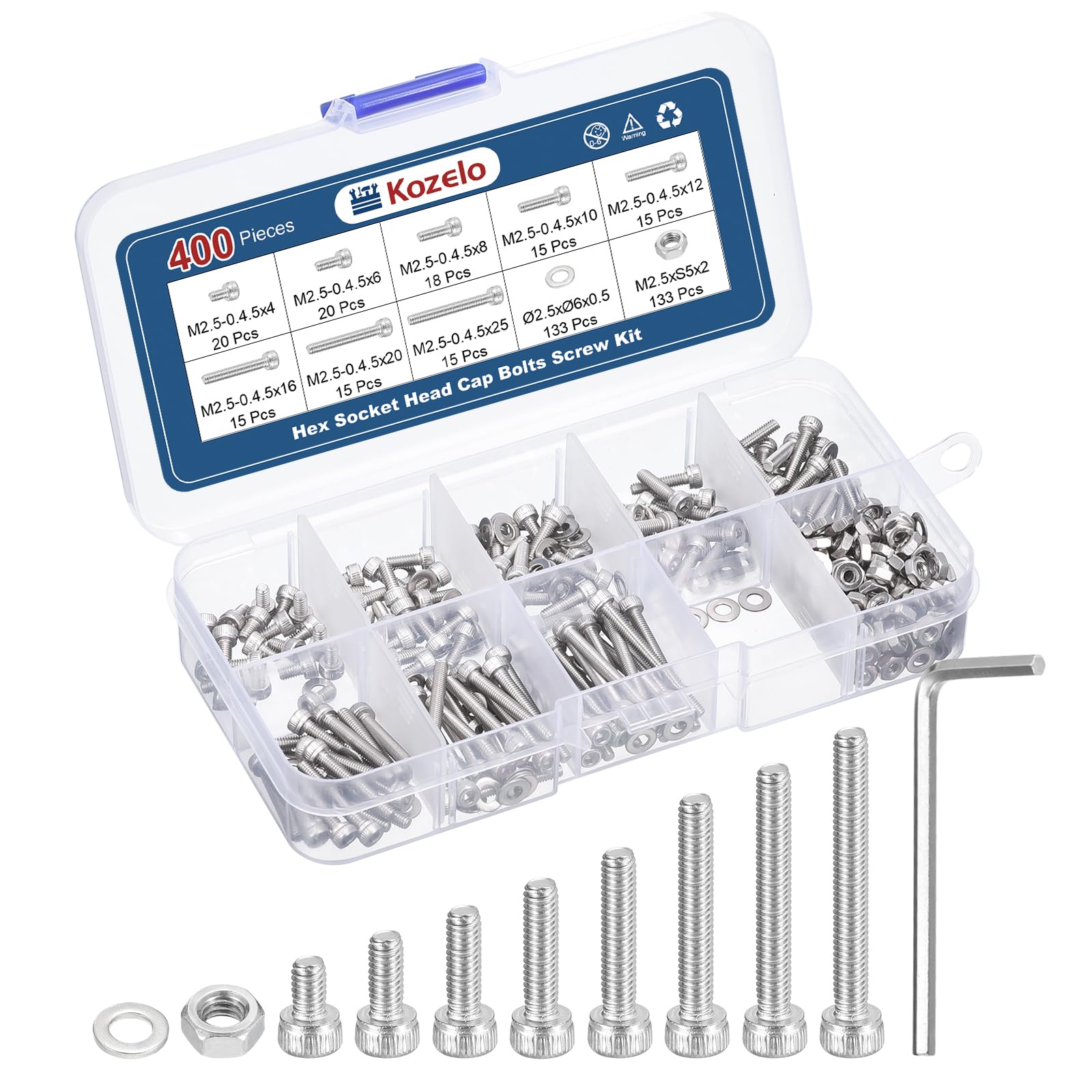 Kozelo 400pcs M2.5 Socket Head Cap Screws Bolts Nuts Assortment Kit - [M2.5x4/6/8/10/12/16/20/25mm] 304 Stainless Steel Allen Socket Drive for 3D Printer with Allen Wrench — image 1