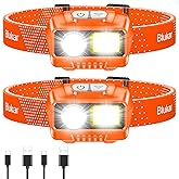 Blukar LED Headlamp Rechargeable, 2000L Super Bright Headlight Flashlight | 8 Modes &amp; Stepless Dimming, Spotlight &amp; Floodlight, Motion Sensor, IPX5 Waterproof for Camping,Hiking,Running -2 Pack-Orange