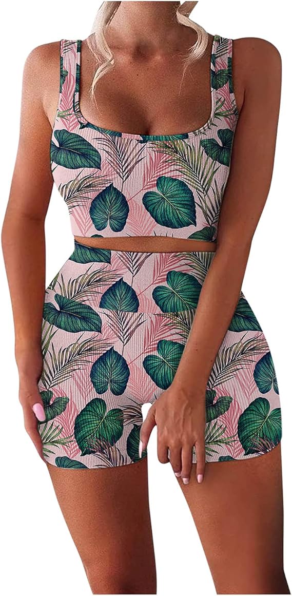 BOIYI TIK Tok Workout Sets for Women 2 Piece Seamless Ribbed Crop Tank High Waist Summer