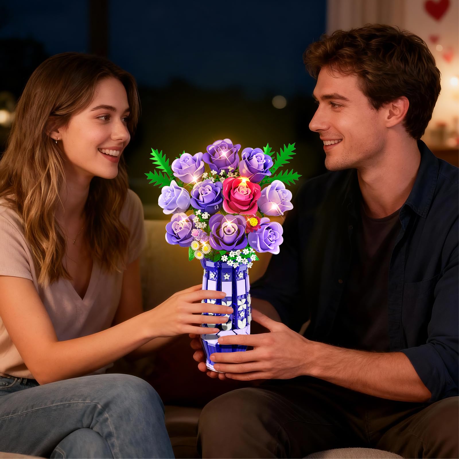 CUBIMANA Lila Rosen Blumen-Bauset mit Vase und LED-Licht, 17 Mini-Blumenstrauß-Bausteine, künstliche Blumen für Zuhause und Büro, Geschenk für Erwachsene, Frauen und Mädchen ab 12 Jahren 7