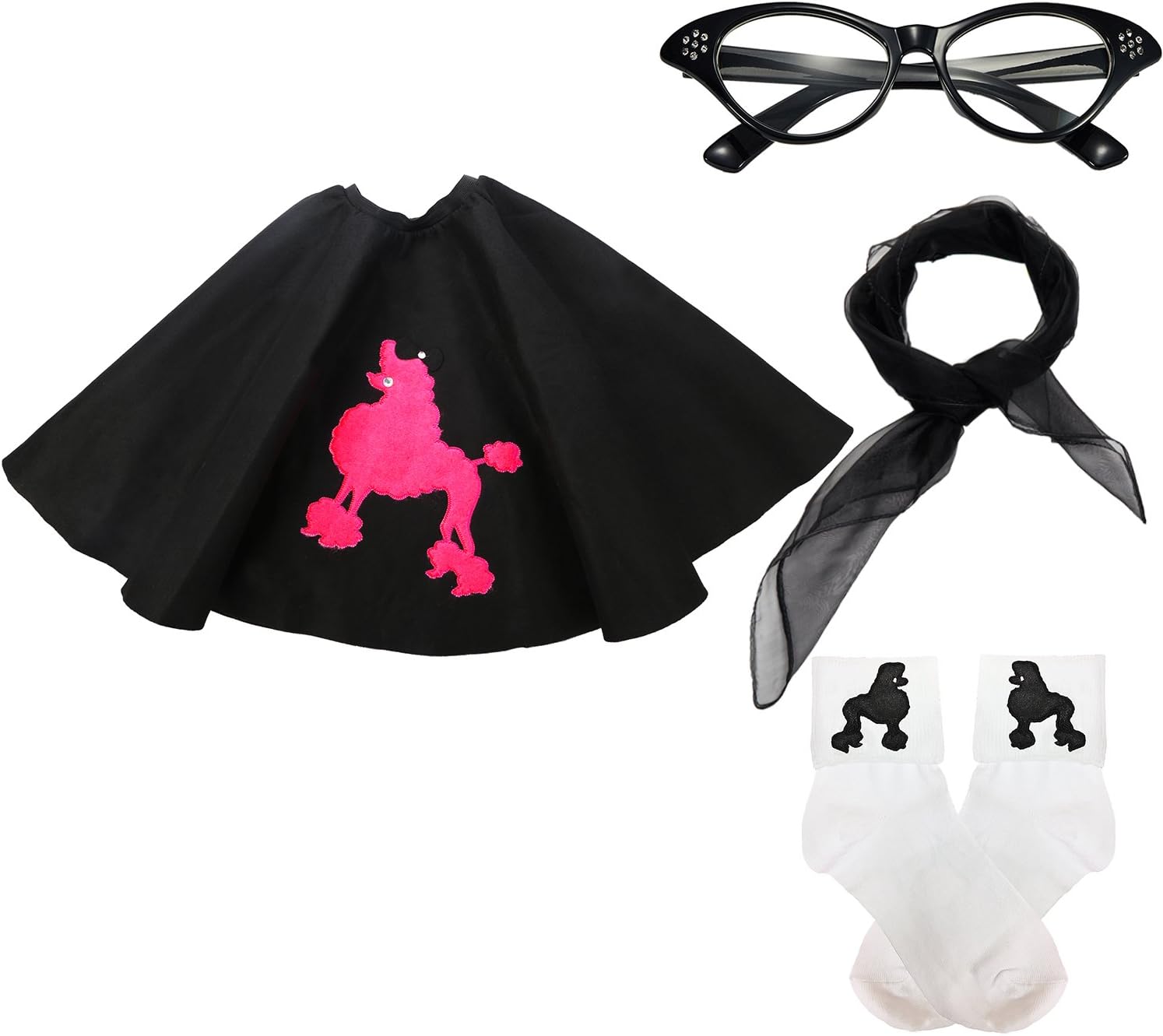 50s Womens Costume Accessory Set - 1950s Poodle Skirt, Chiffon Scarf, Cat Eye Glasses,Bobby Socks w/Poodle Applique