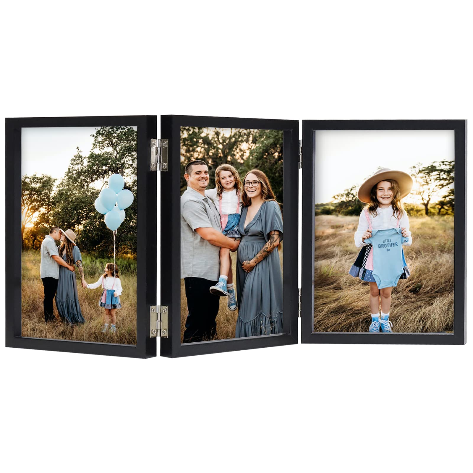 Triple 4x6 Photo Frame Hinged Folding Wood Picture Frame with Glass Front Stand Vertical on Desktop Black — image 1