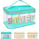 Iqimott Preppy Clear Makeup Bag Stuff Pouch, Chenille Letter Cosmetic Bag for Women Girls, Nylon PVC Toiletry Storage Handbag, Travel Transparent Waterproof Zipper Pouch with Handle(Stuff, Green)