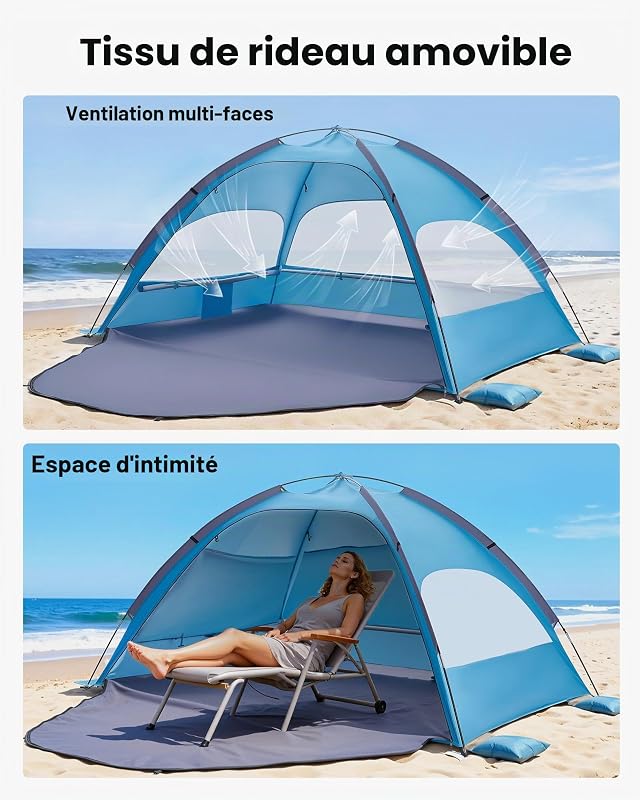 Tente de Plage pour 3 Personnes, Abri de Plage Anti UV UPF 50+, Tente Portable Pare-Soleil avec Sac de Transport et Piquets, pour Famille, Camping, Pêche et Pique-niques, Structure Légère, Bleu