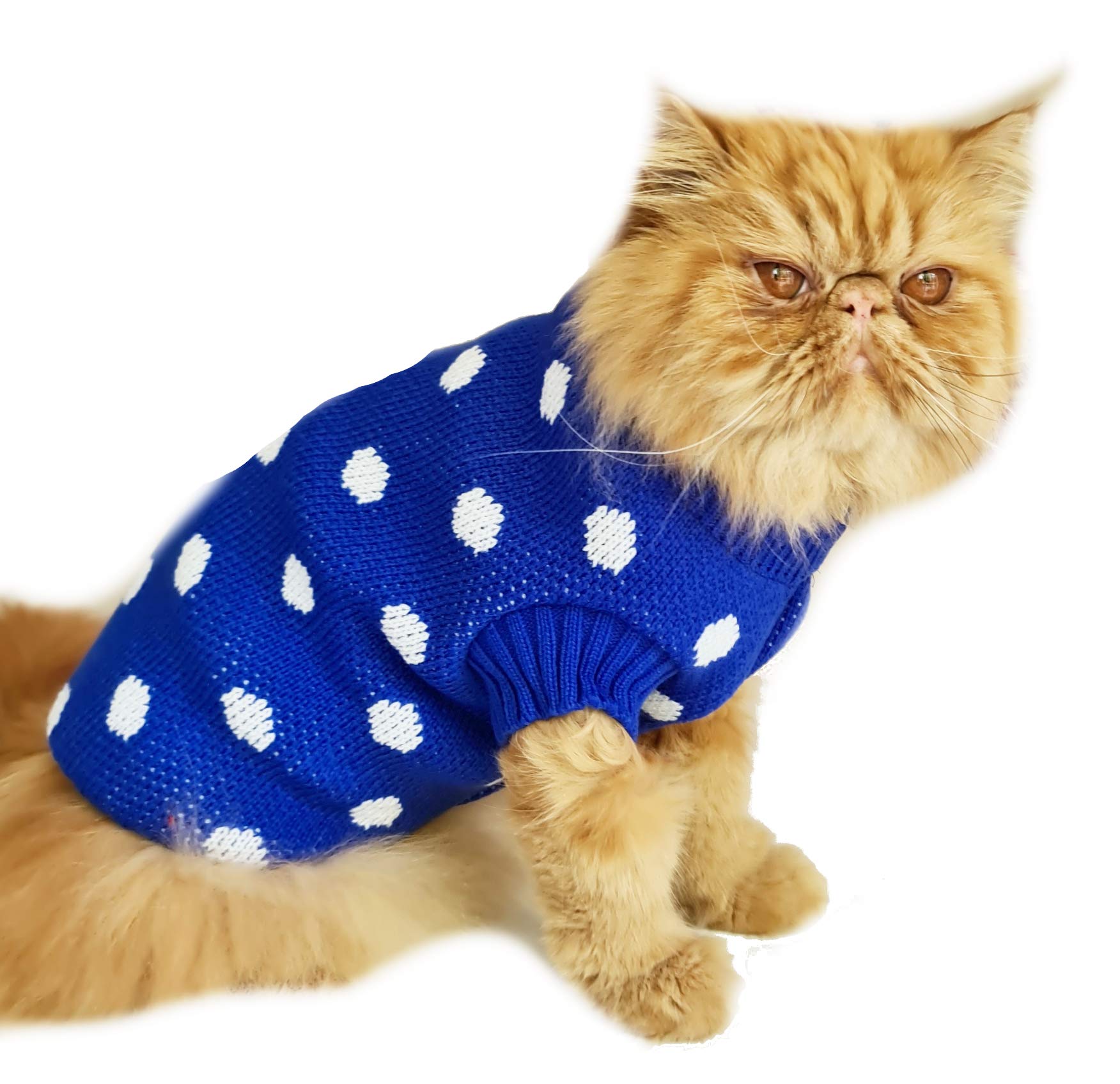 Cute Knitted SMALL MEDIUM LARGE DOG Puppy Cat Kitten Warm Winter Girl Boy Cold Weather Vest Sweatshirt Clothes Jacket Coat Christmas Ideas Pullover Jumper Sweater Polka Dot (Small, Blue)