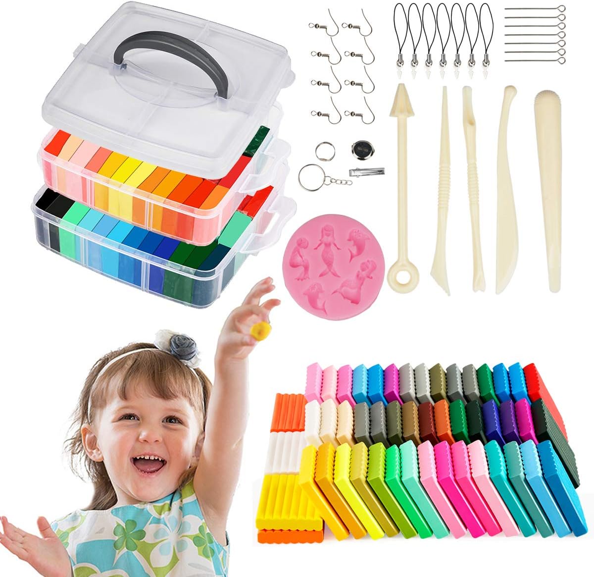 Polymer Clay - Oven Bake Clay 50 Colors with 5 Modeling Tools and 40 Jewelry Accessories, Mermaid Tail Mold,Safe and Nontoxic Molding Clay, Best Gift for Kids