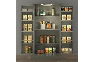 FJTJBSI 50" LED Kitchen Pantry Cabinet Grey Storage Cabinet Food Pantry with Doors and Adjustable Shelves Freestanding Buffet Cupboards Sideboard for Kitchen Living Room and Dinning Room