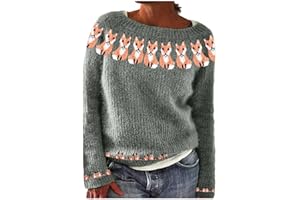 Lolvmvchi Fair Isle Sweater Women Knitted Retro Sweater Casual Loose Crewneck Long Sleeve Lightweight Cropped Pullover Tops