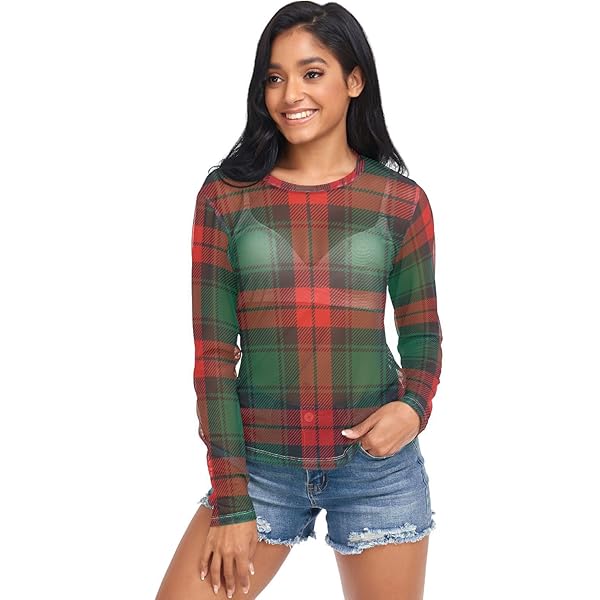 トップス SHEER PLAID VOLUME SLEEVE TOPS Aflyko Women Summer Top Tartan Plaid Classic Red Sheer T Shirt