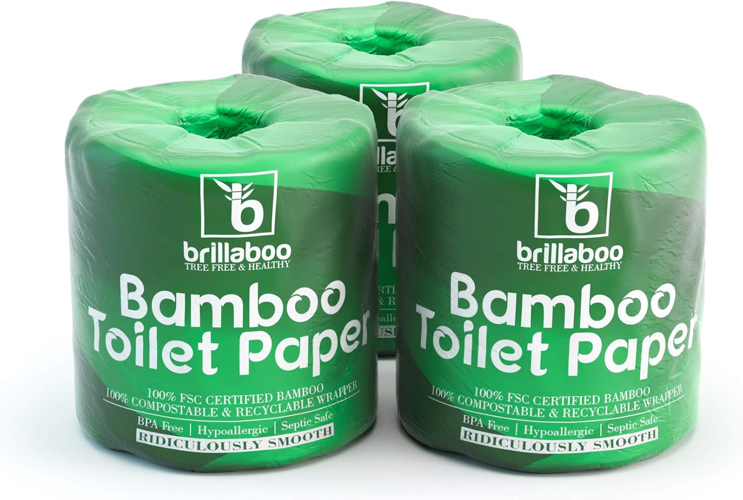 BrillaBoo Pure Bamboo Toilet Paper | 100% Tree Free Hypoallergenic Bamboo Toilet Paper For Sensitive Skin | Plastic, Tree & Lint Free | Septic-Safe - 3 Ply - 200 Piece Roll | 12 Rolls: Health & Personal Care