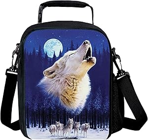 Insulating Thermal Wolf Animal Print Lunch Bags for Kids Boys Girls Washable Tote Crossbody Lunch Container Food Carrier for School Travel