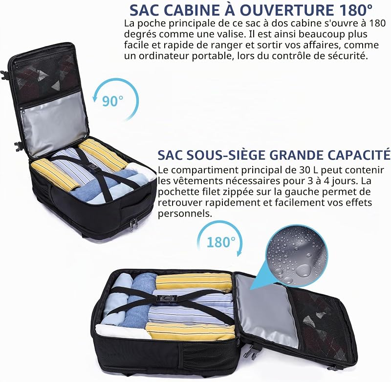 Bagage Cabine 40x30x20cm Sac a Dos Voyage Cabine Avion pour Ryanair, Transavia 24L Femme Homme Bagage à Main Sac a Dos Cabine Valise Sac à Dos pour Ordinateur Portable 14 Pouces