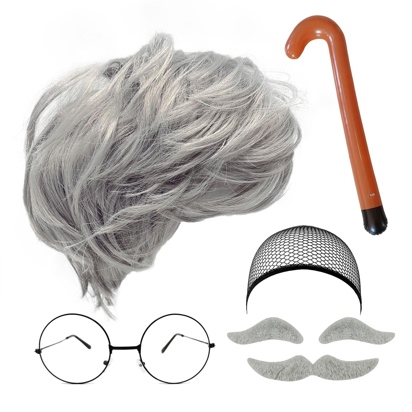 MIVAIUN 8 Pcs Grandpa Costume Set - Grey Wig, Mustache, Eyebrows, Wig Cap, Glasses, Inflatable Walking Stick - Men's Dress Up Costume Accessories for Party Cosplay Performances