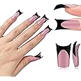 MUTIOVO Black French Tip Duck Feet Nail Tips Full Cover for Press on Acrylic with Moon Curve, BERRY PINK Extra Thick Medim Long, Flare Wide Soft Gel Fake False Nail Extension x 15 Sizes 150 pcs