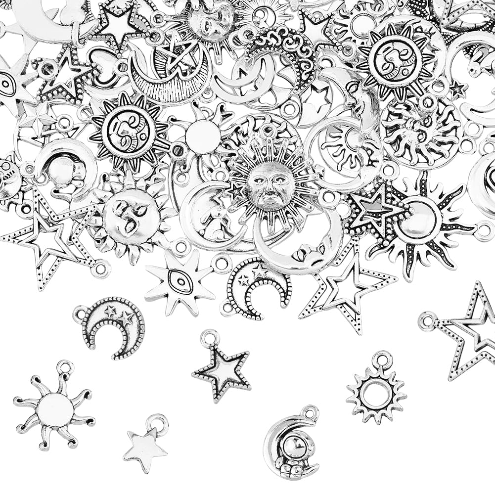 SUPERFINDINGS 70Pcs Antique Silver Sun Moon Star Jewelry Charms Tibetan Alloy Vintage Celestial Dangle Pendants for DIY Jewelry Making Hole: 1.8mm
