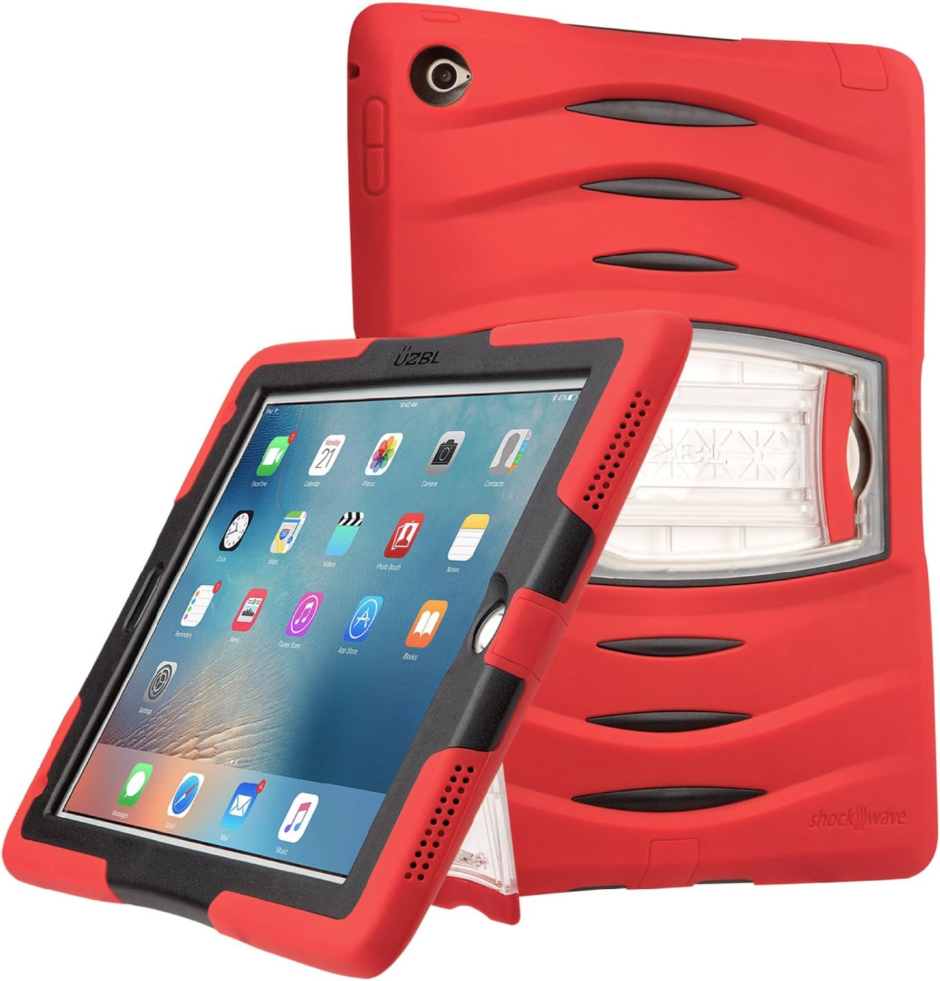 UZBL Shockwave Case for iPad Air, Ultra-Protective Rugged Case with Air Cell Technology and Built-in Removable Stand and Screen Protector (Red)