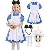 Girls Halloween Costume Kids Blue Dress White Apron with Plush Rabbit Bow Hair Band Socks