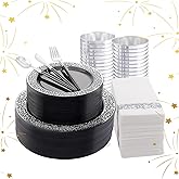 LIYH 350 Pcs Black and Silver Plastic Plates, Silver Plastic Dinnerware Set, Disposable Silverware, Black Plates with Napkins, Happy New Year Day Supplies for 50 Guests