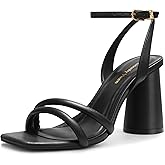 Viciously Vixen Women's Block High Heels Square Toe Heeled Sandals Ankle Strap Shoes