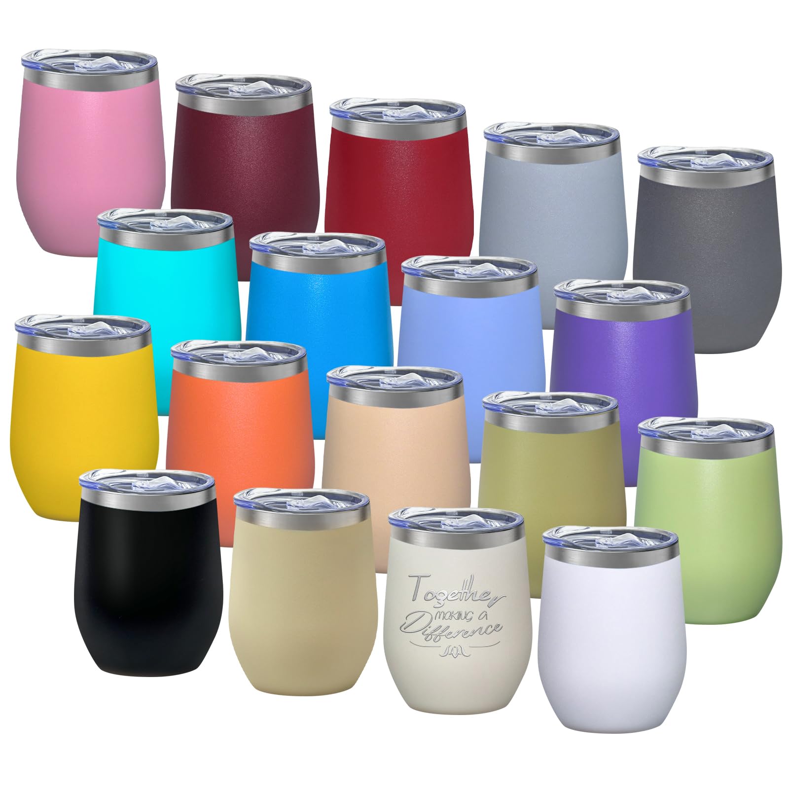 Photo 1 of 18 Pack Stainless Steel Wine Tumbler with lid, 12oz Insulated Powder Coated Wine Tumbler Stemless Double Wall Vacuum Wine Glass Coffee Tumbler Bulk Laser Engrave, DIY Gift, 18 Colors