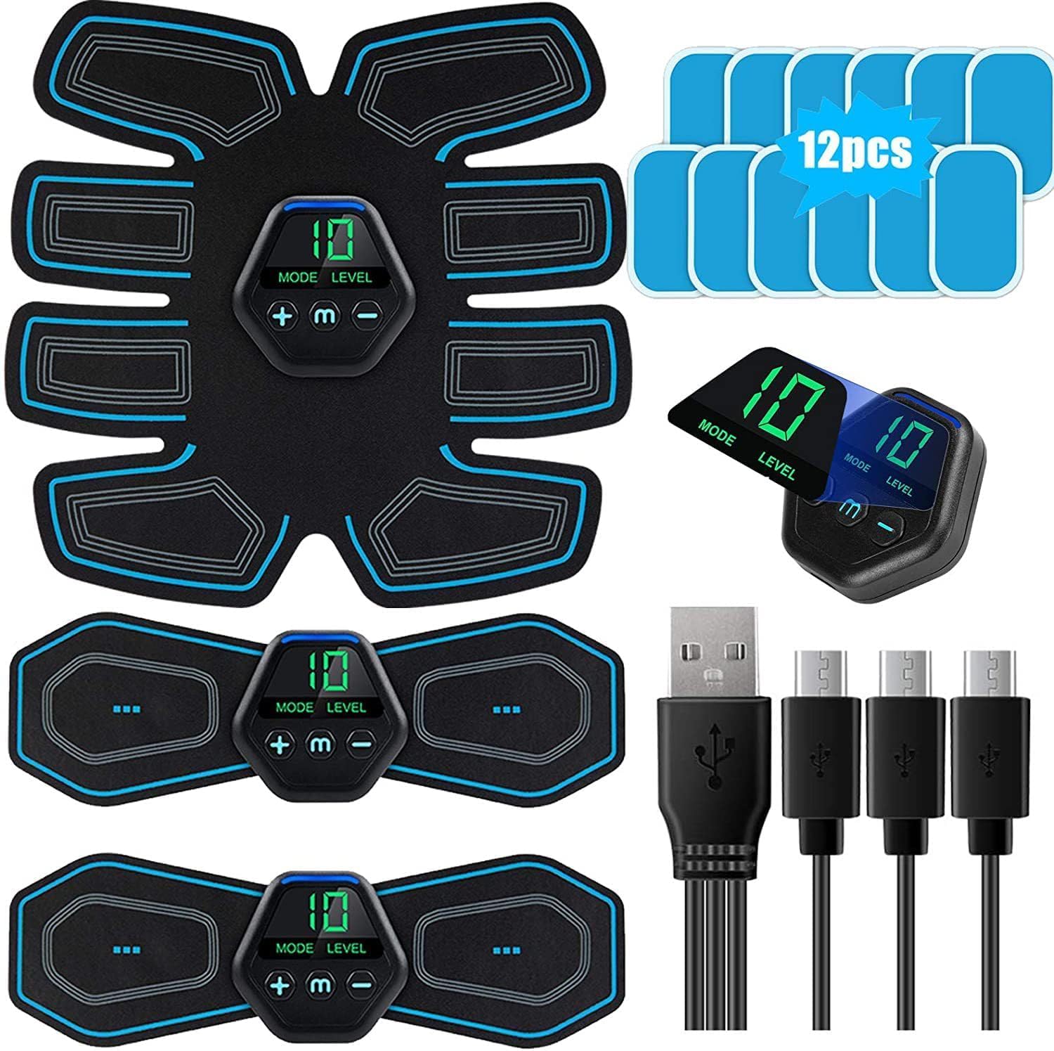Qynoba ABS Trainer Muscle Stimulator EMS Muscle Stimulator Trainer ABS Stimulator Military with 12 Gel Pads Electric Abdominal Muscle Toner 10 Modes & 20 Intensities for Arms Waist Full Body