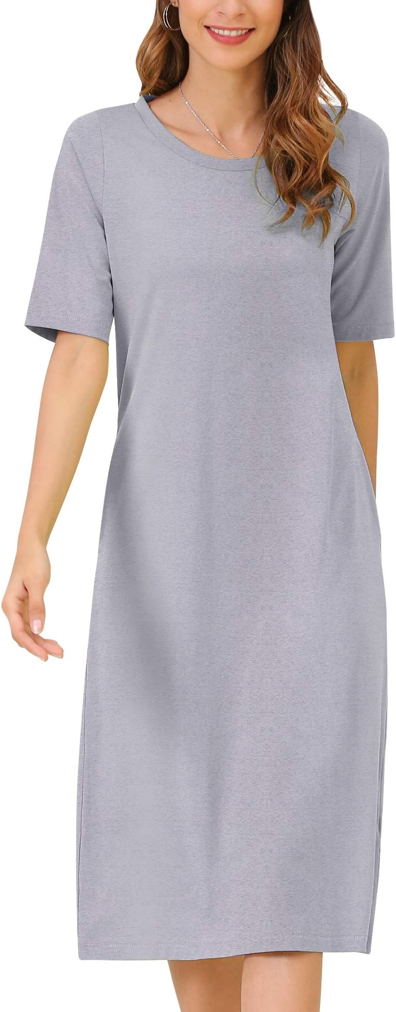 MessBebe Women’s T Shirt Dress Striped with Pockets Midi Dress Crew Neck Short Sleeve Cotton Casual