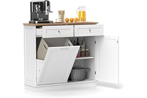 SILKYDRY Kitchen Island with Tilt Out Trash Cabinet, Buffet with 2 Drawers, Rubber Wood Counter Top, Adjustable Shelf, Freest