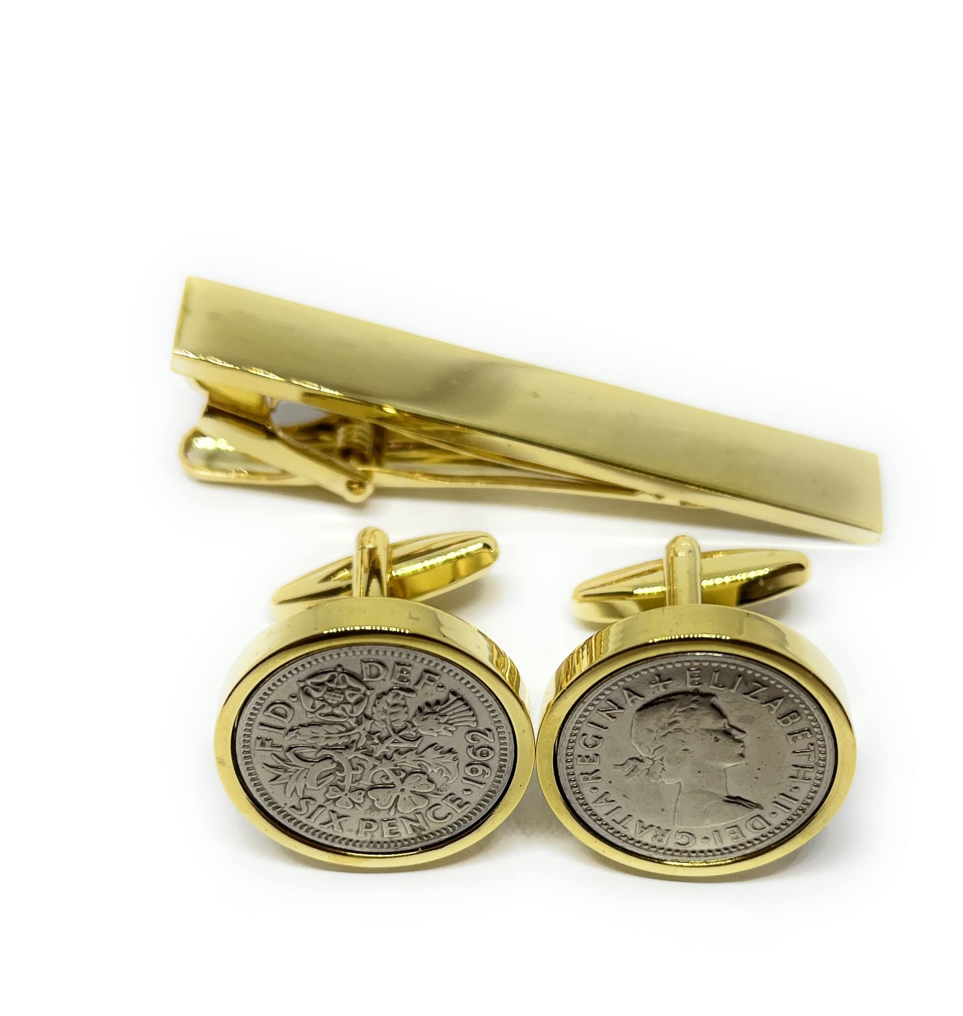 Premium 1962 Lucky sixpence cufflinks for a 64th Birthday cufflinks and Gold Plated Tie Clip Set HT