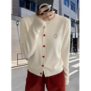 Women Heart Embroidery Knit Cardigan, Crew Neck Heart Button Long Sleeve Layering Sweater for Spring Fall Daily Office Outfit