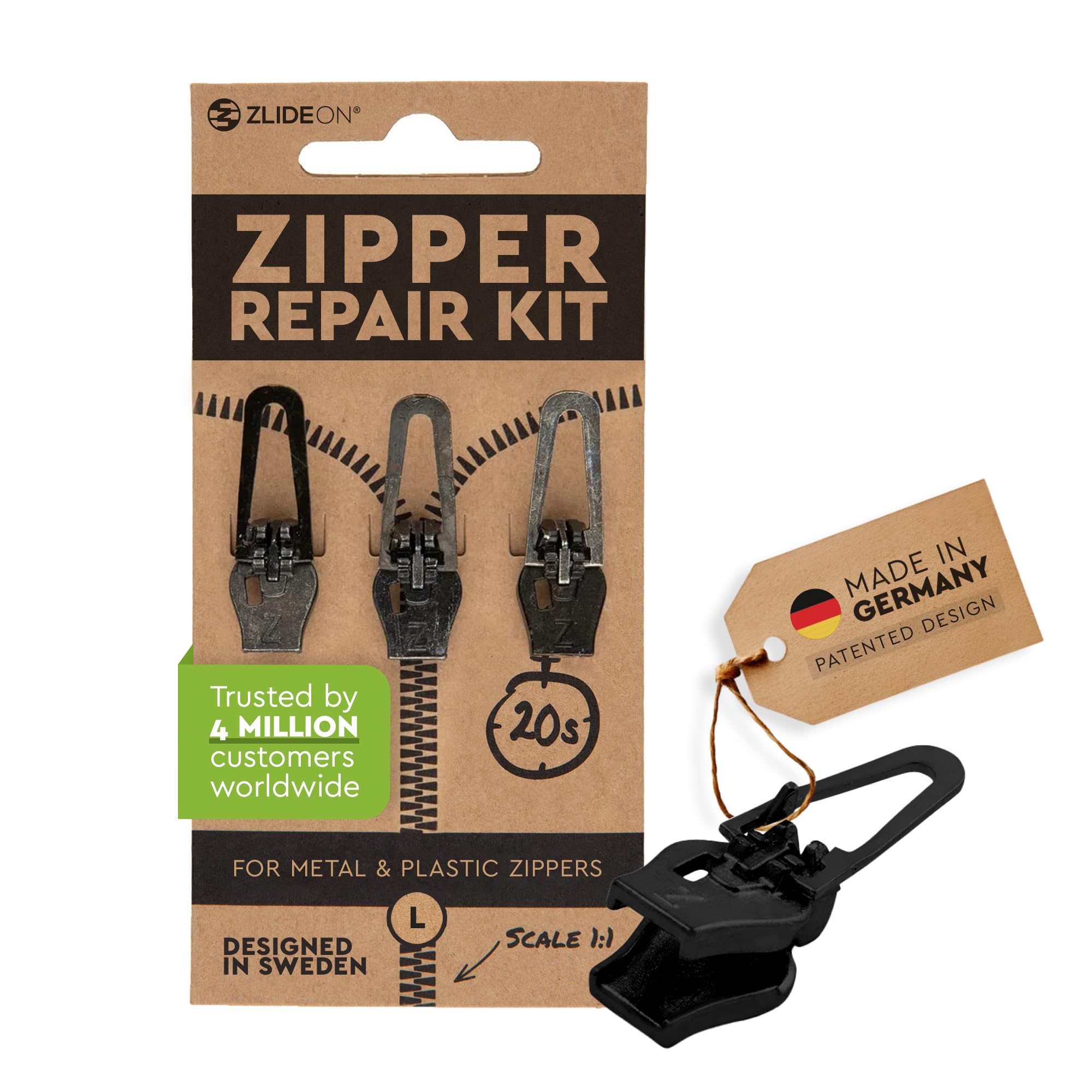 Zlideon Universal Zipper Repair Kit for Plastic & Metal Zippers Multipack - 3pcs, Black (L) | Instant Zipper Pull Replacement Slider for Denim, Jacket, Winter Coat | Easy to Install | Made in Germany