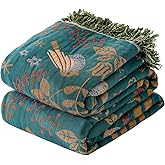 Qncssk Boho Throw Blanket for Bed Couch- 90x90 Inch Fall Blanket 100% Organic Cotton Muslin Cozy Reversible Lightweight Quilt All-Season for Sofa & Bedroom Washable Floral Bird Decor Blankets