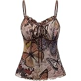 RoseSeek Women's Plus Size Graphic Ruffle Hem Camisole Tops Tie Front Spaghetti Strap Y2K Peplum Top