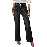 Sidefeel Women's Wide Leg Jeans High Waisted Tummy Control Stretchy Pockets Front Straight Leg Jeans