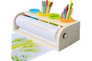 XDONEF Wooden Tabletop Paper Roll Dispenser with Roll 11.4inx98.4ft and Pencil Cups Craft Art Paper Roll Holder for Kids Desktop Easel for Drawing Painting Home Classroom