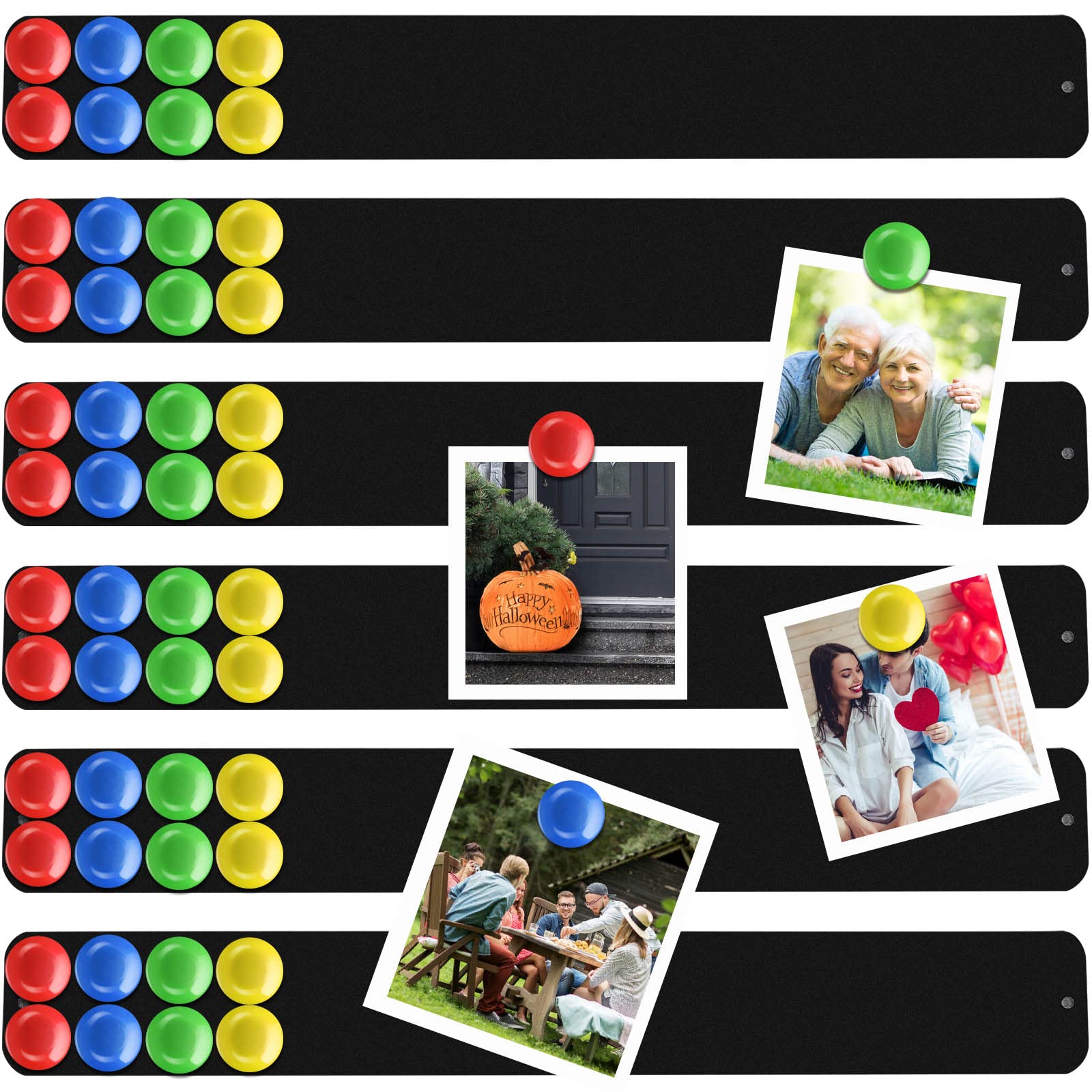 Photo 1 of Outus 6 Pieces Frameless Magnetic Stainless Iron Board Strip 15 x 2 Inch Bulletin Bar Board Memo Strip Set with 48 Pieces Colorful Magnet for Kitchen Office(Black)