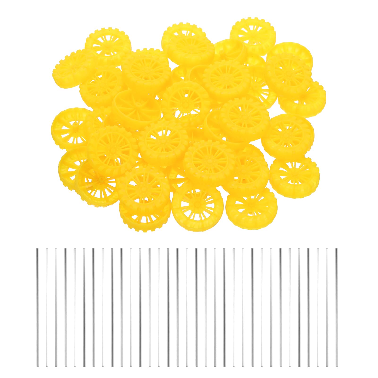 sourcing map 100pcs Toy Car Wheels, 40mmx10mm Plastic Roll and 2mmx100mm Shaft Round Rod Axles for DIY RC Car Truck Boat Helicopter Model Part, Yellow