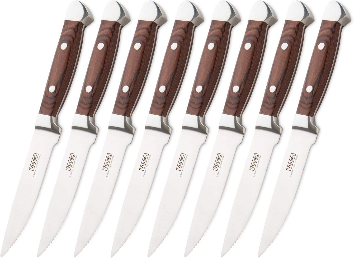 Viking Culinary 4531-1170-RPAK3 High Carbon German Steel Pakka Wood Handle Steak Knife Set, 8 Piece, Red