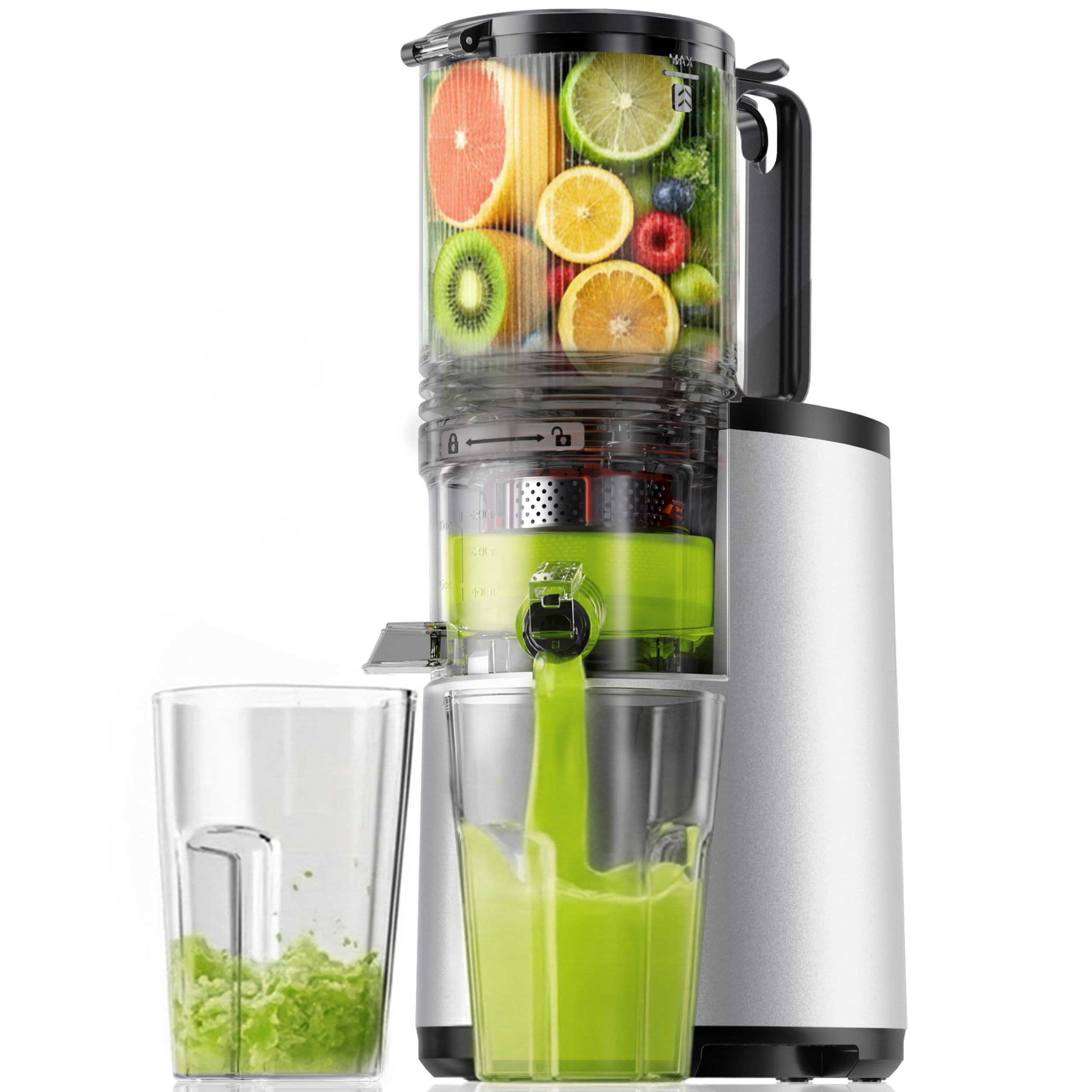 Cold Press Juicer, EUHOMY 5.5″ Extra Large Feed Chute Slow Masticating Juicer, 250W Juicer Machines, 99.6% High Juice Yield, Easy to clean, Reverse Function, for Whole Vegetables & Fruits. Sliver