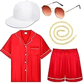 5 Pcs Halloween Hip Hop Costume Include Shirt,Shorts,White Cap,Glasses,Necklaces for Men Women Party Cosplay