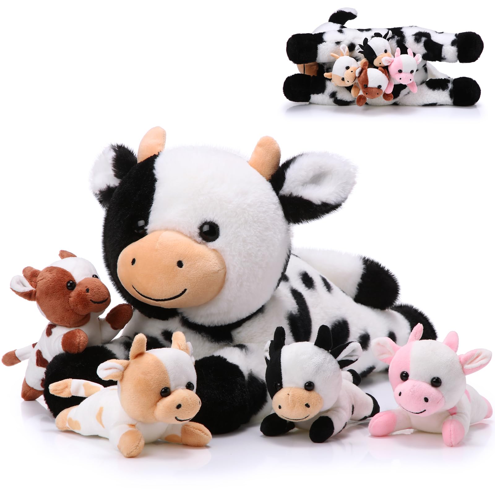 Chalyna 5 Pcs Cow Plush Animals Set 13.78 Inch Mommy Cow Stuffed Animal with 4 Baby Cute Calf in Her Tummy Mommy and Small Plush for Baby Shower Boys Girls (Novel)