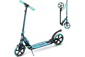 Skidee Adult & Teen Scooter Adjustable Height, Folding, Large Wheels, Lightweight, Durable, Anti-Shock Suspension, Up to 220 lbs