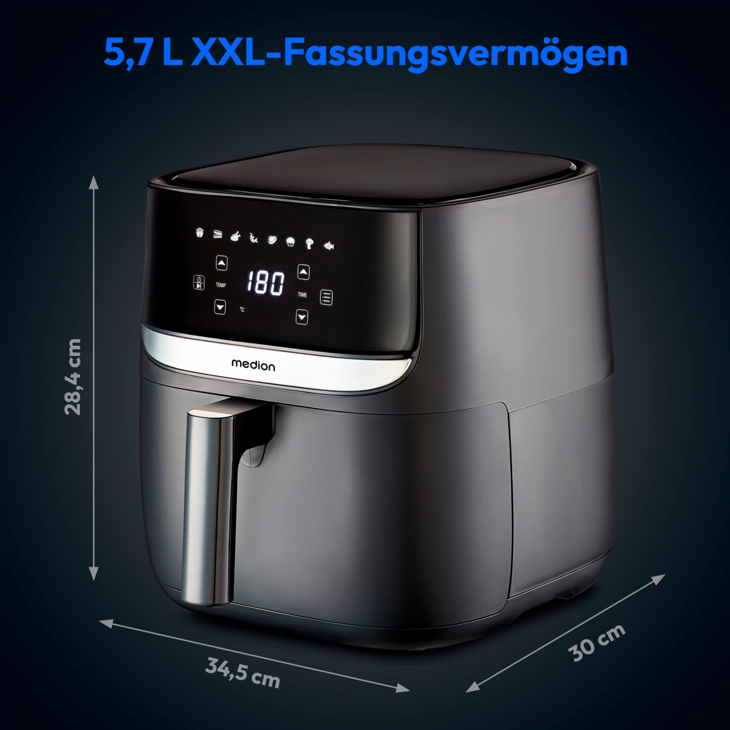 MEDION E50 XL Heißluftfritteuse (5,7 Liter, Airfryer, ca. 1700 Watt, Digitales Bedienfeld, 8 Automatikprogramme, ölfreies Frittieren, 30 Min Timer, Überhitzungsschutz, MD10532) 6
