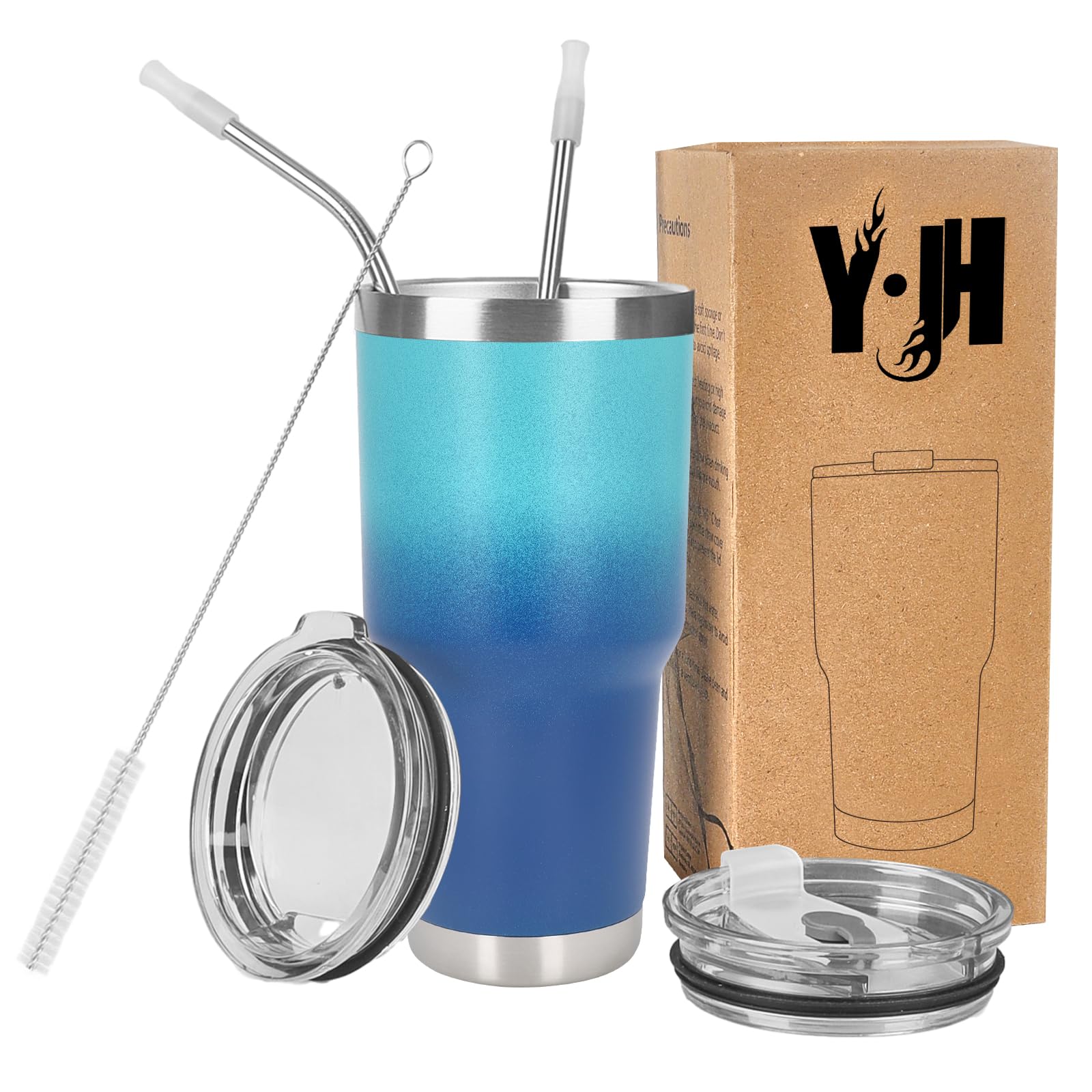Y·J&H 30oz (850ml) Travel Tumbler Double Wall Vacuum Insulated Coffee Mug Stainless Steel Coffee Cup with 2 Splash Proof Lid, 2 Straws & Free Cleaning Brush, BPA Free - Turquoise&Blue