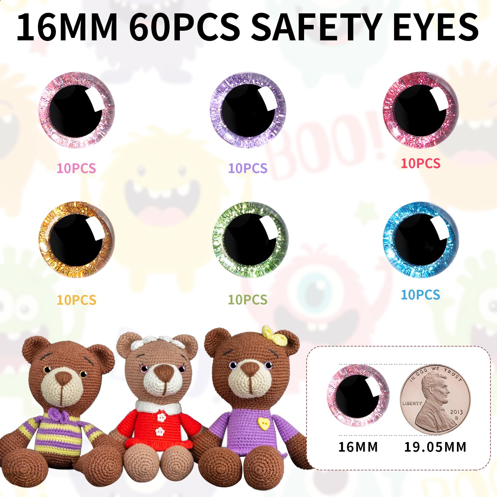 MUCUNNIA 120pcs 16mm 3D Glitter Plastic Safety Eyes for Amigurumi Trapezoid Craft Crochet Doll Eyes with Washers Stuffed Animal Eyes for DIY of Puppet, Bear Plush Animal(6 Colors)