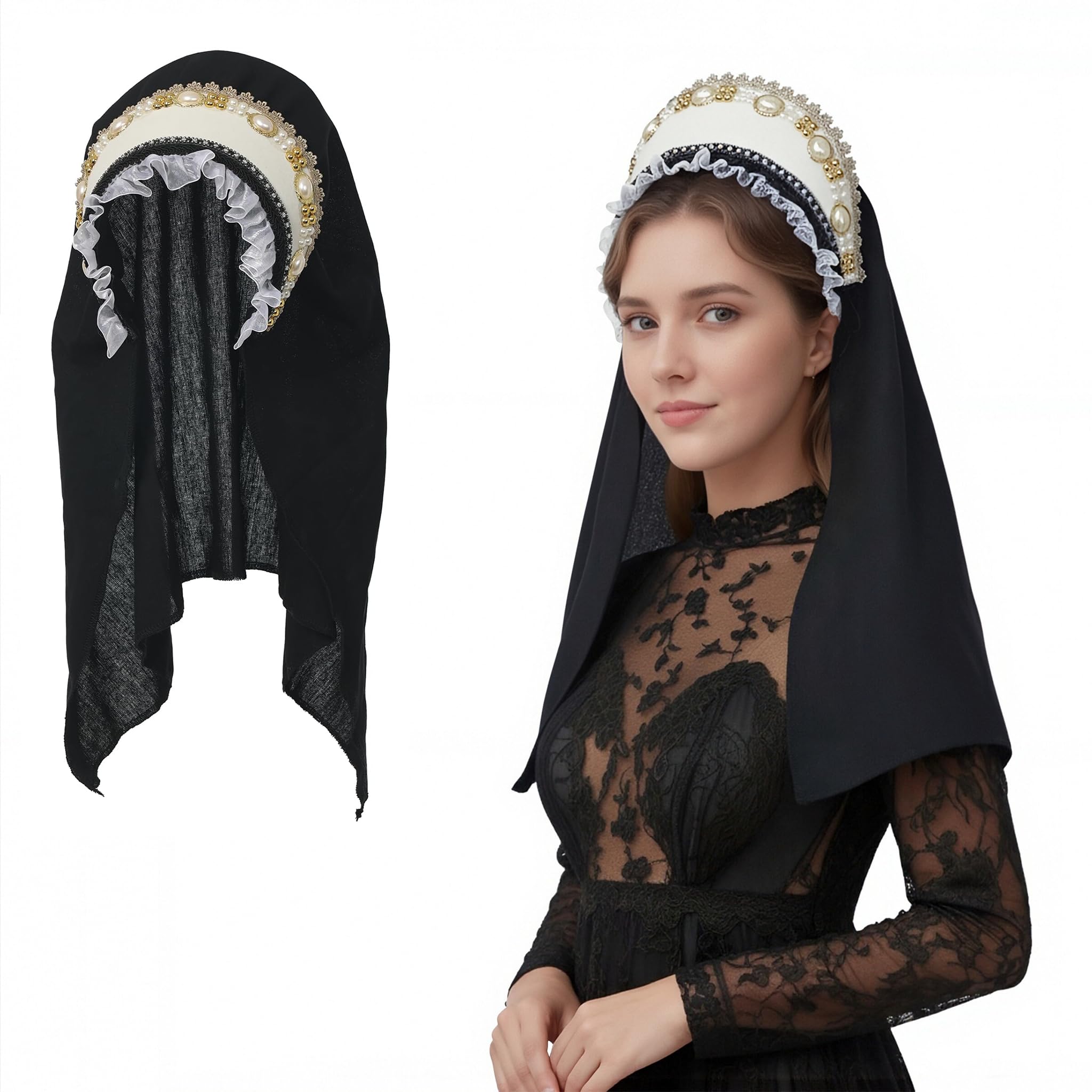 FAD-4U Anne Boleyn Hat Tudor Gable Hood Cap Elizabethan Headwear Renaissance Costume Headdress for Women Cosplay Party (White-56, One Size)